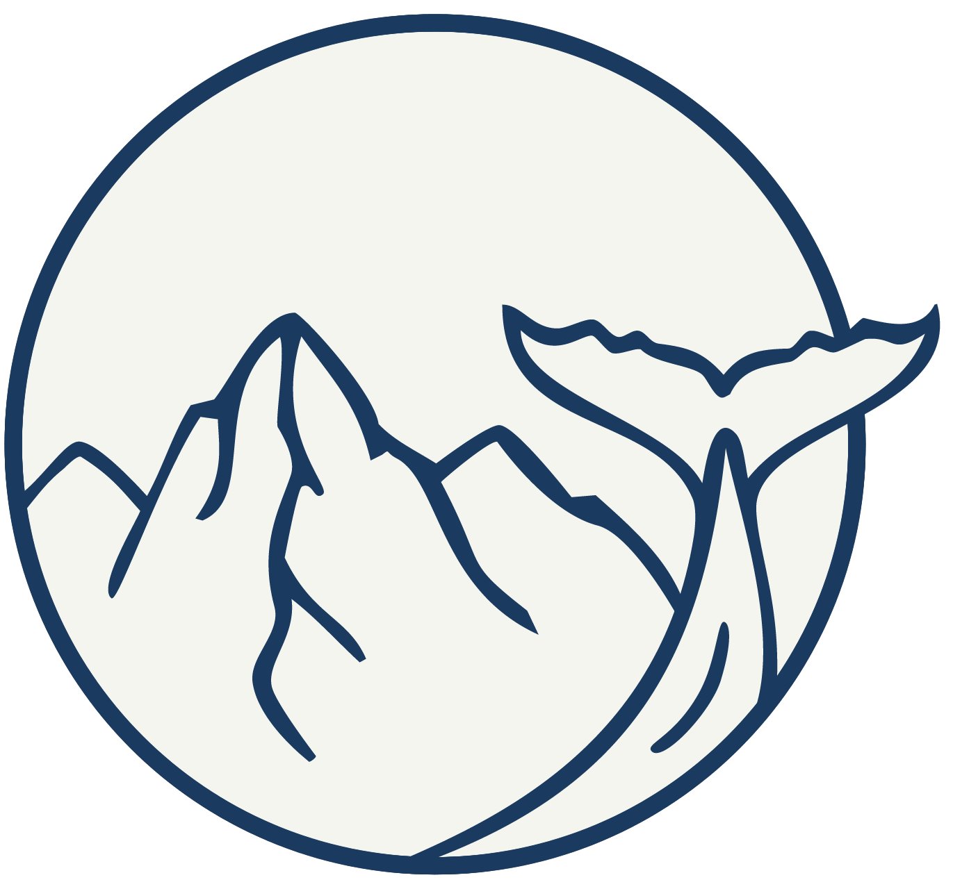 Headwaters & Marine Stewards logo of a line drawing of New Hampshire's Mount Washington with a humpback whale's tail in the foreground, set in a circle. The words Ecological Literacy appear below the site's name.