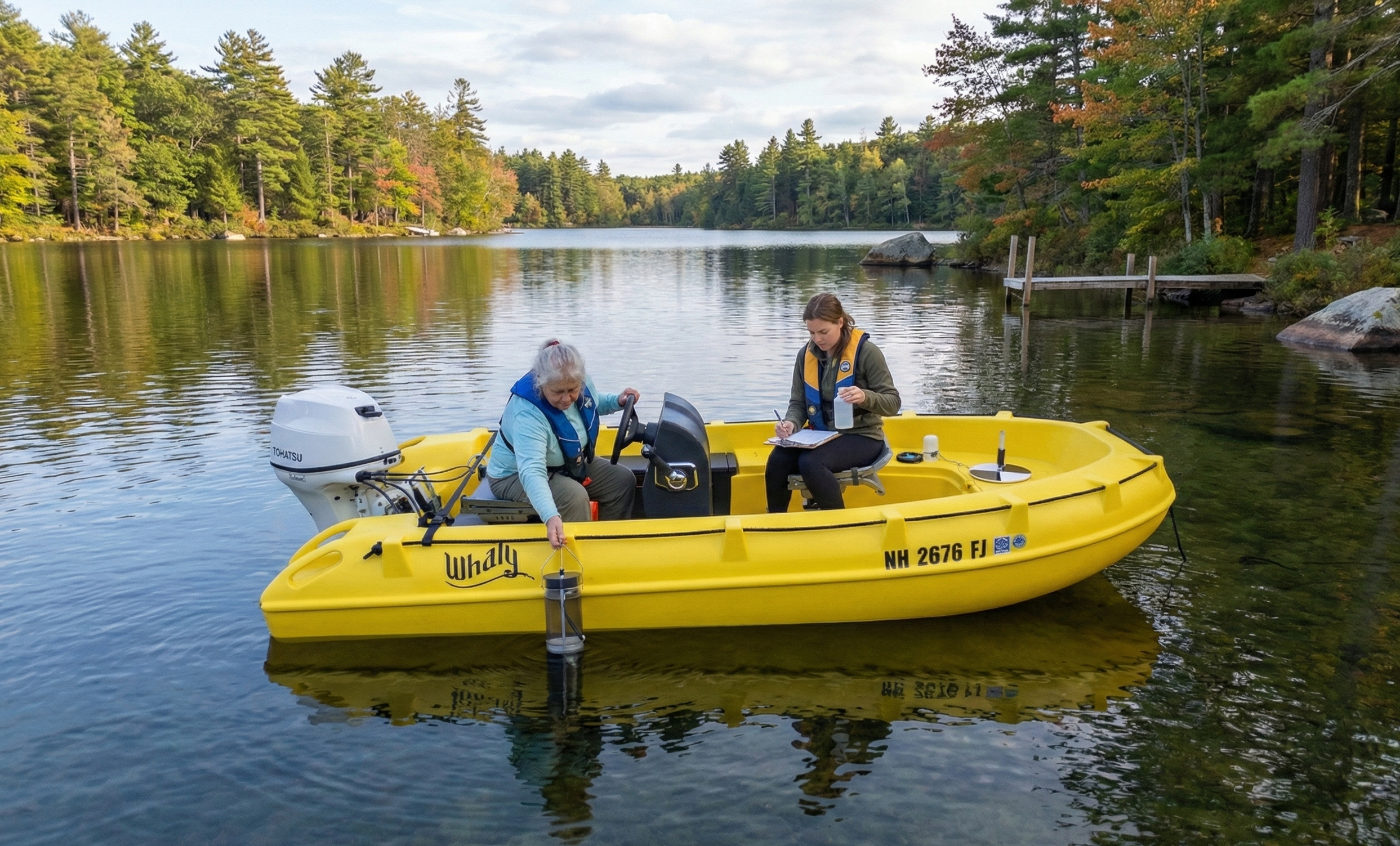 Two women taking water samples from a yellow boat on a New Hampshire lake.