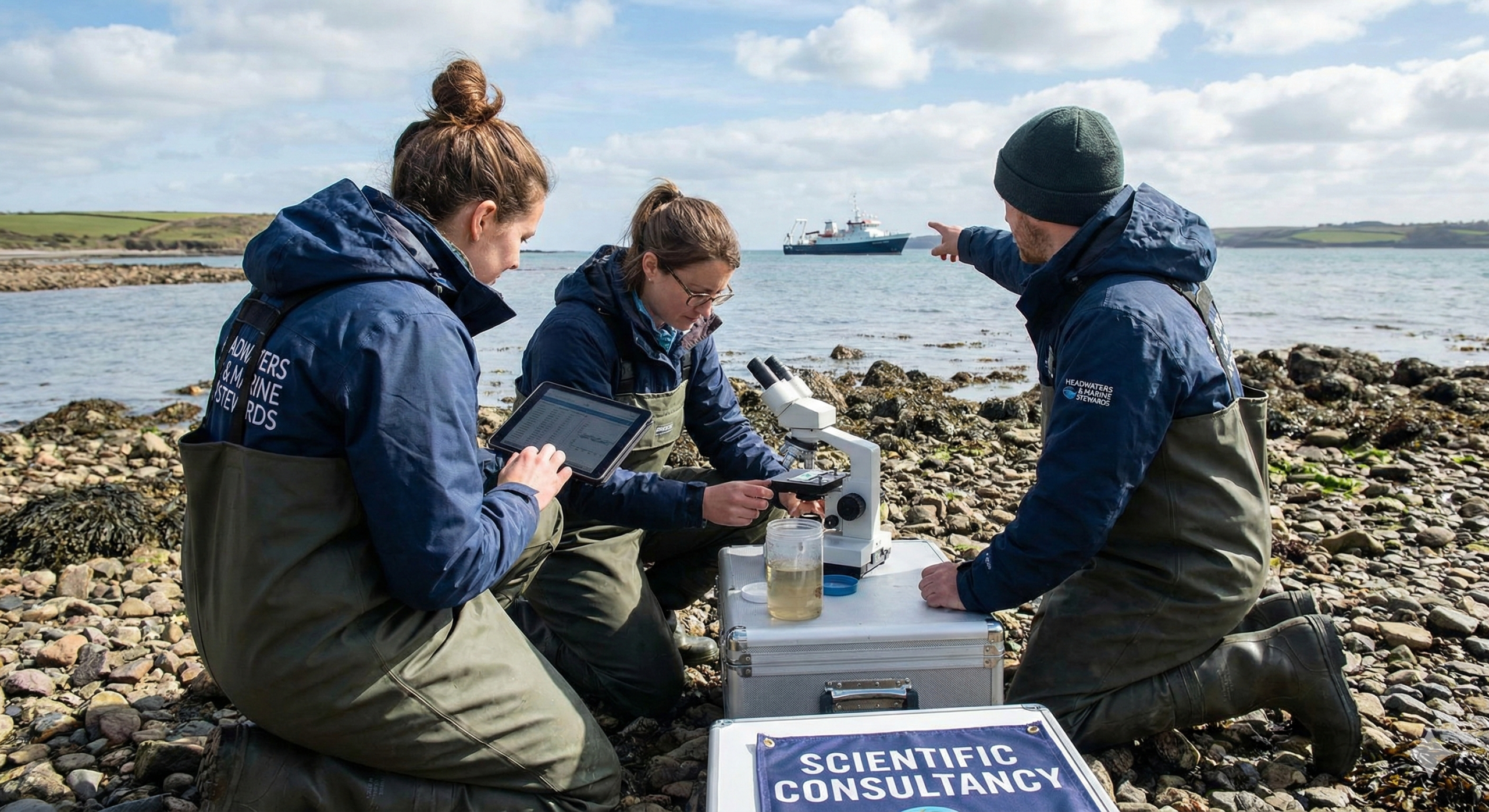 Two women and one man kneeling taking New Hampshire Seacoast shoreline samples. One woman with a tablet, the other with a microscope, and the man pointing to a boat 200 meters offshore.