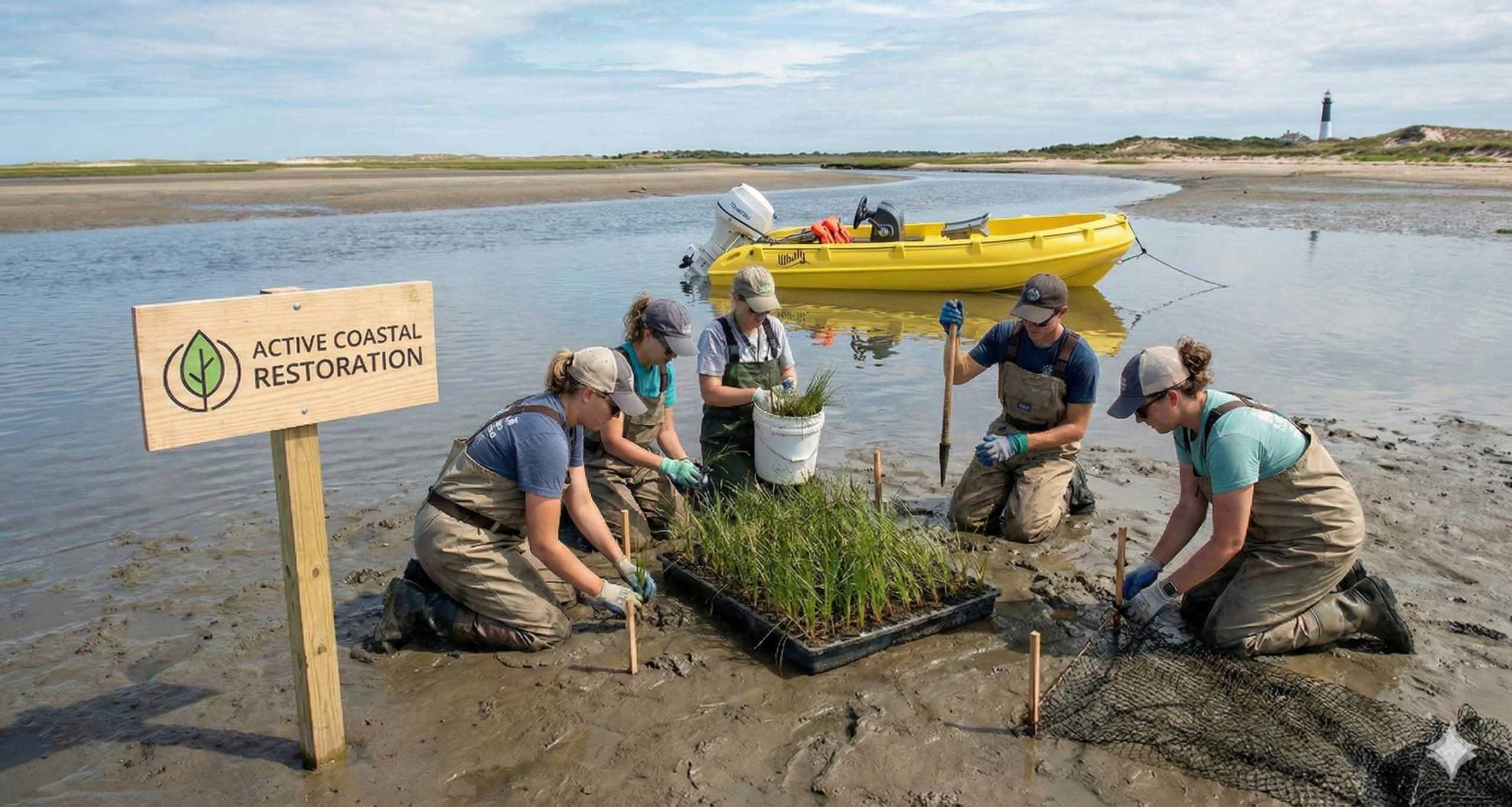 Five people kneeling, wearing waders, planting eel grass at low tide in a New Hampshire Estuary. A small yellow boat is anchored in shallow water 5 meters behind them.